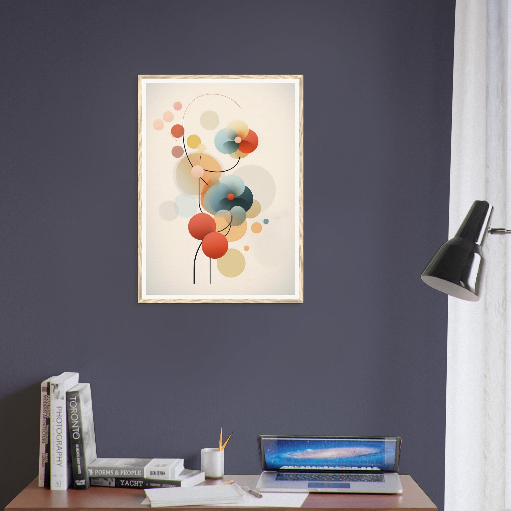 Abstract artwork featuring colorful circular shapes connected by thin lines, reminiscent of a floral or molecular design.