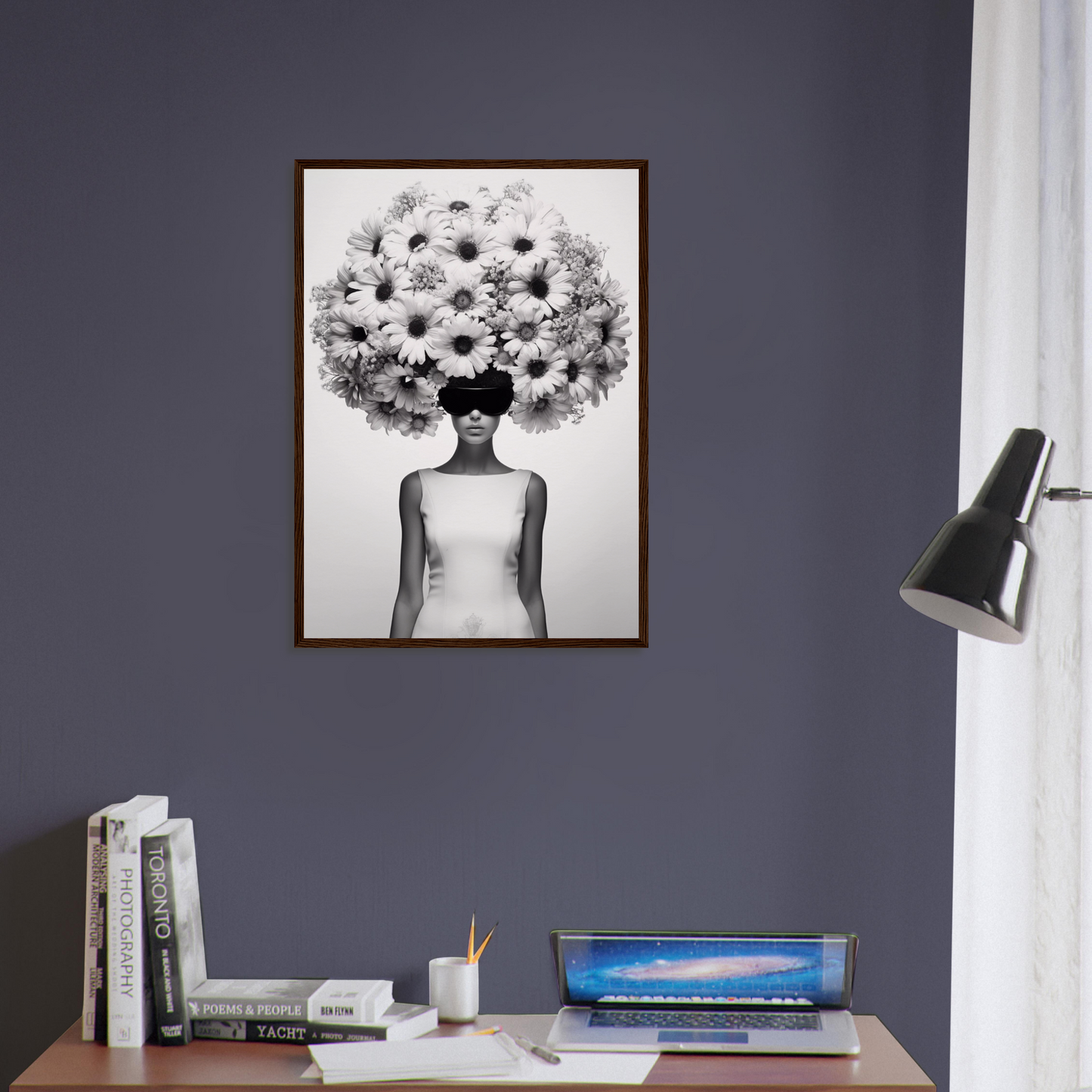 A high quality Afro Flower Power The Oracle Windows™ Collection of a woman with flowers on her head, perfect to transform your space into fashionable wall art.