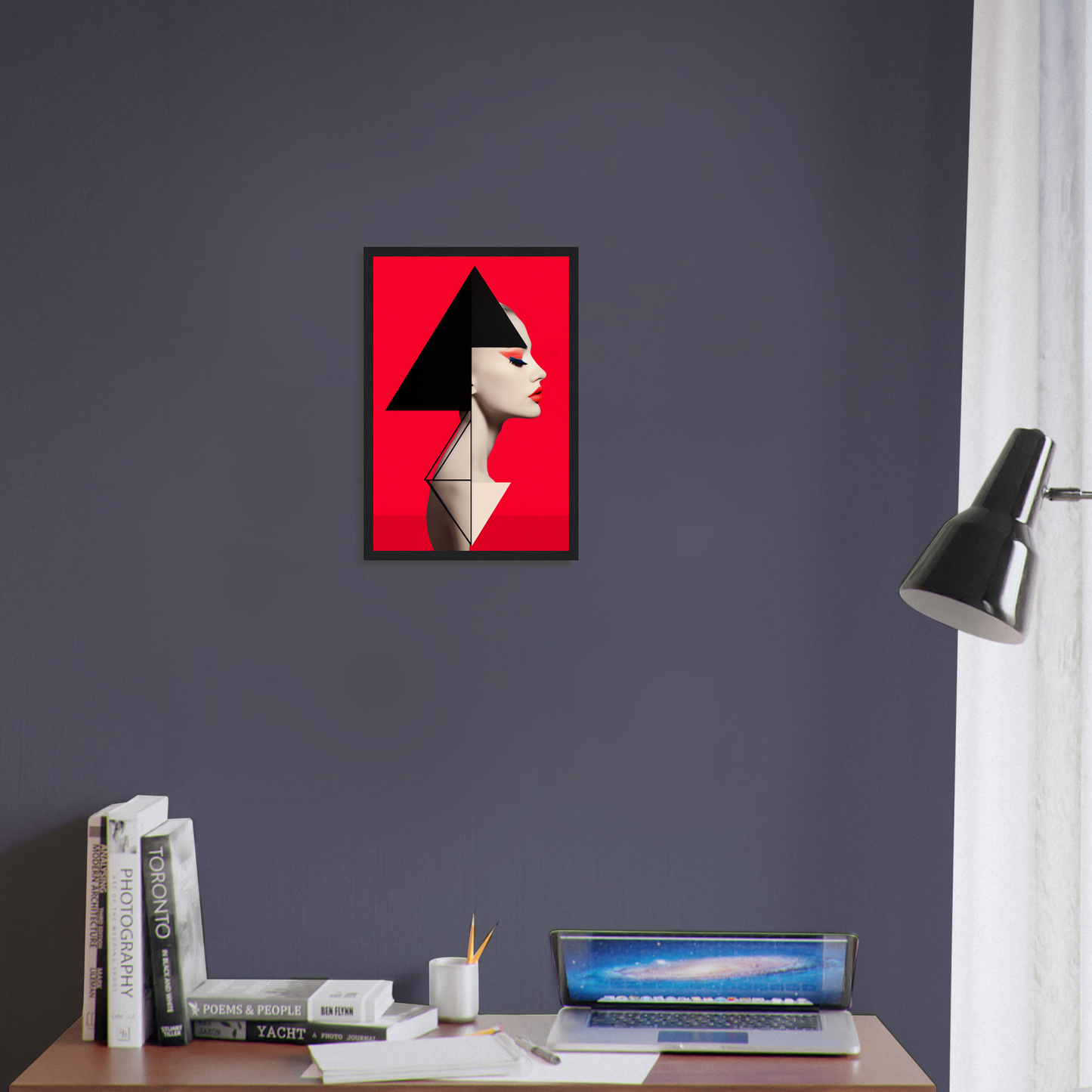 Framed artistic portrait featuring a stylized profile against a vibrant red background.