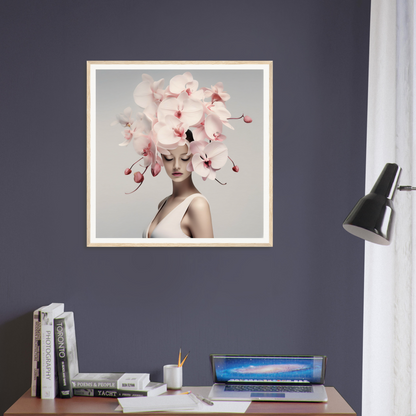 Framed artwork depicting a figure with an elaborate floral headdress of pink orchids.