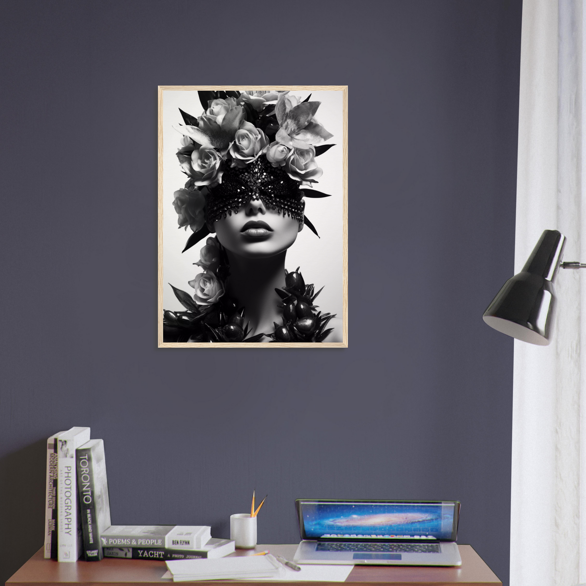 Striking black and white portrait of a person wearing an elaborate floral headdress.