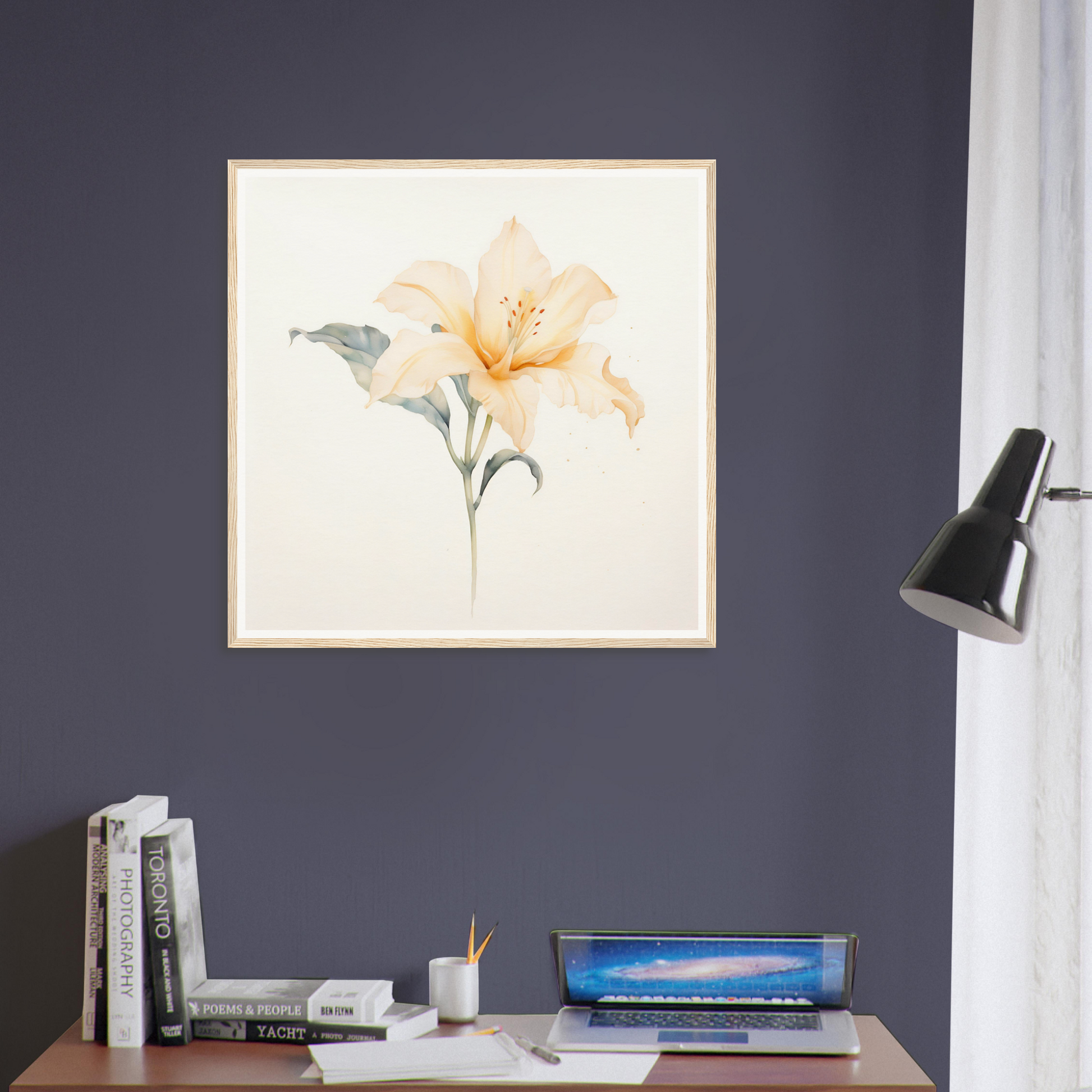 Framed watercolor painting of a delicate orange lily flower with a green stem and leaf.