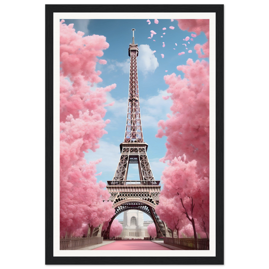 Transform your space with fashion wall art featuring the Pink Blossom B, Eiffel, Paris from The Oracle Windows™ Collection and pink trees in the background.
