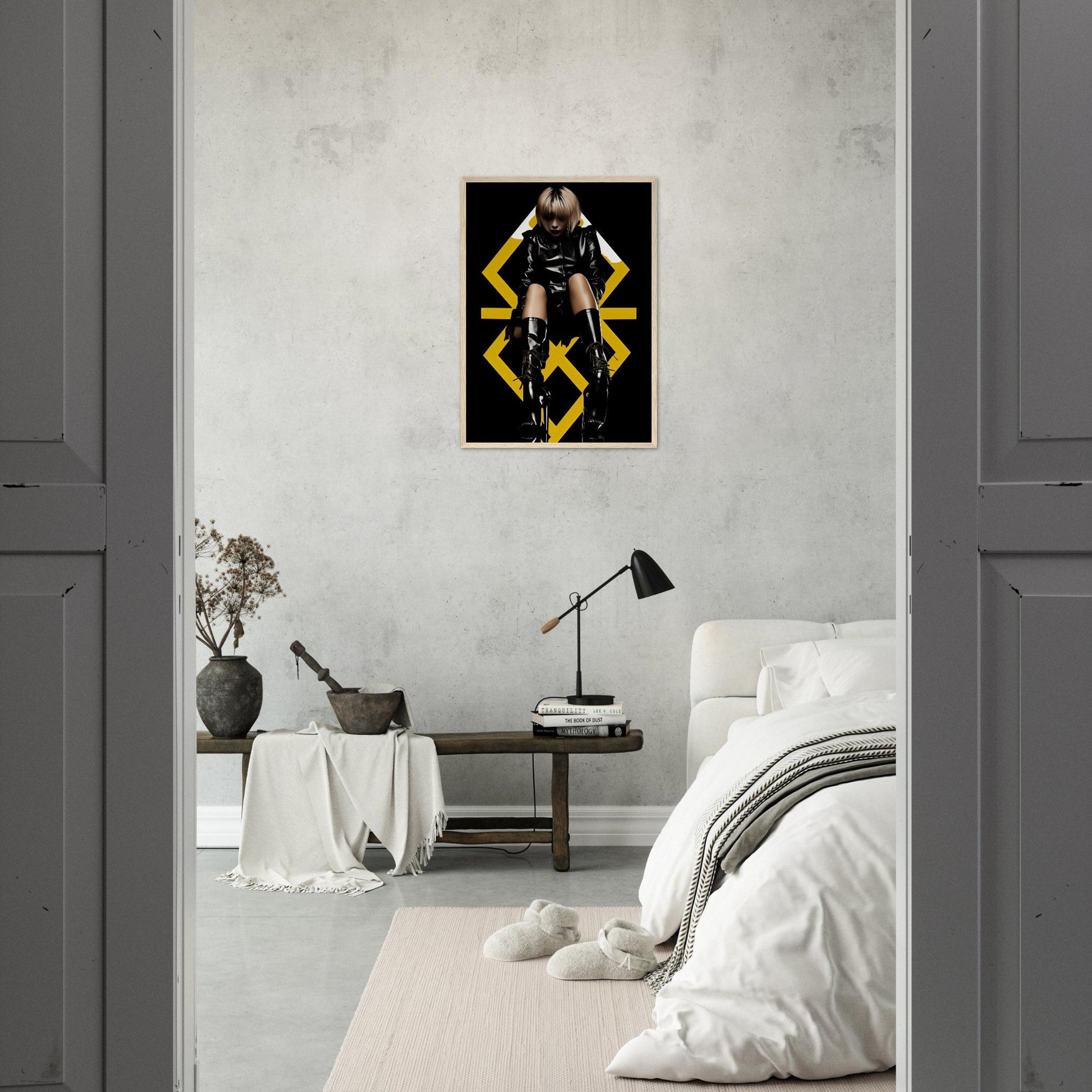 Transform your space with this Balenciwannabe The Oracle Windows™ Collection fashion wall art poster featuring a woman in a leather jacket and boots.