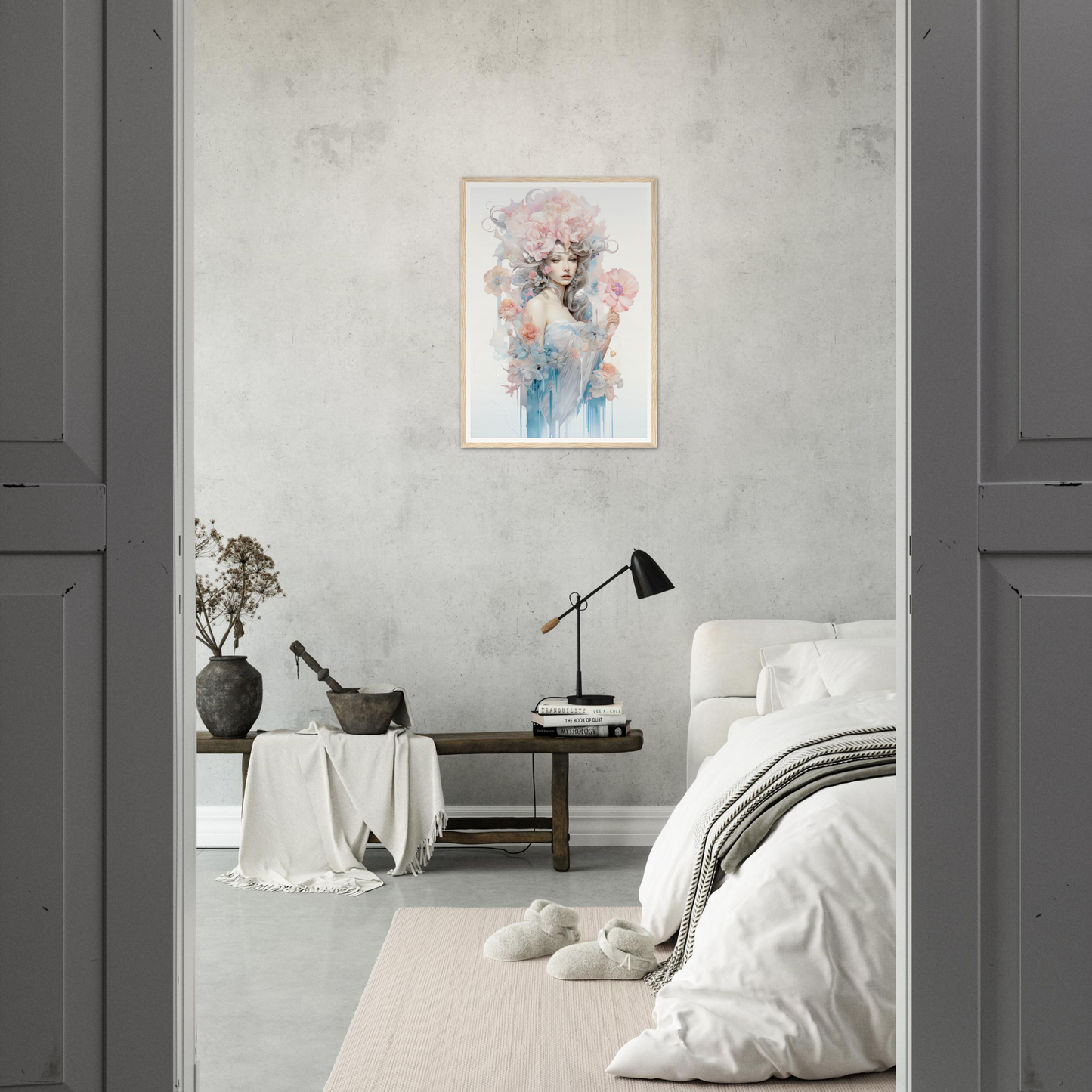 Serene bedroom with minimalist decor and a framed watercolor artwork on the wall.