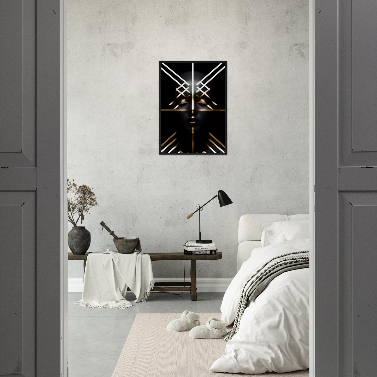 Minimalist bedroom with a striking black geometric wall art as the focal point.