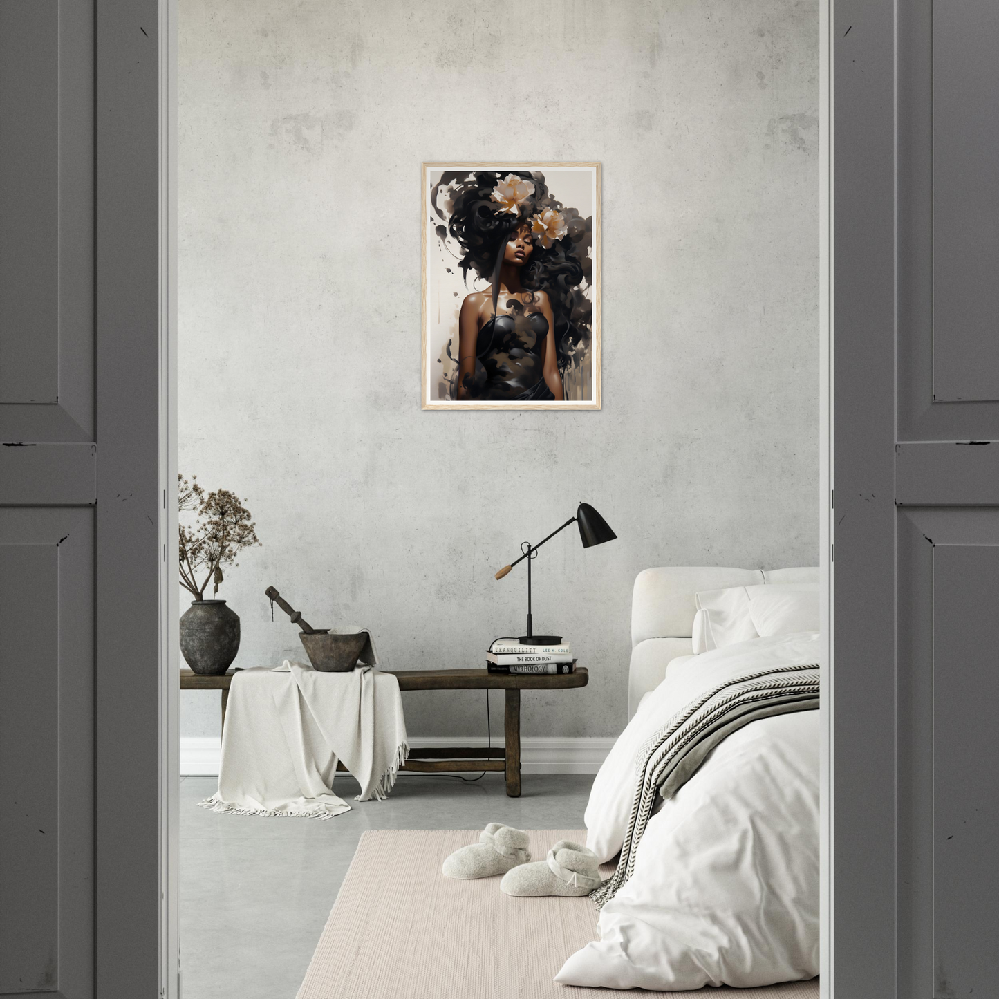 Minimalist bedroom with a striking abstract portrait on the wall.