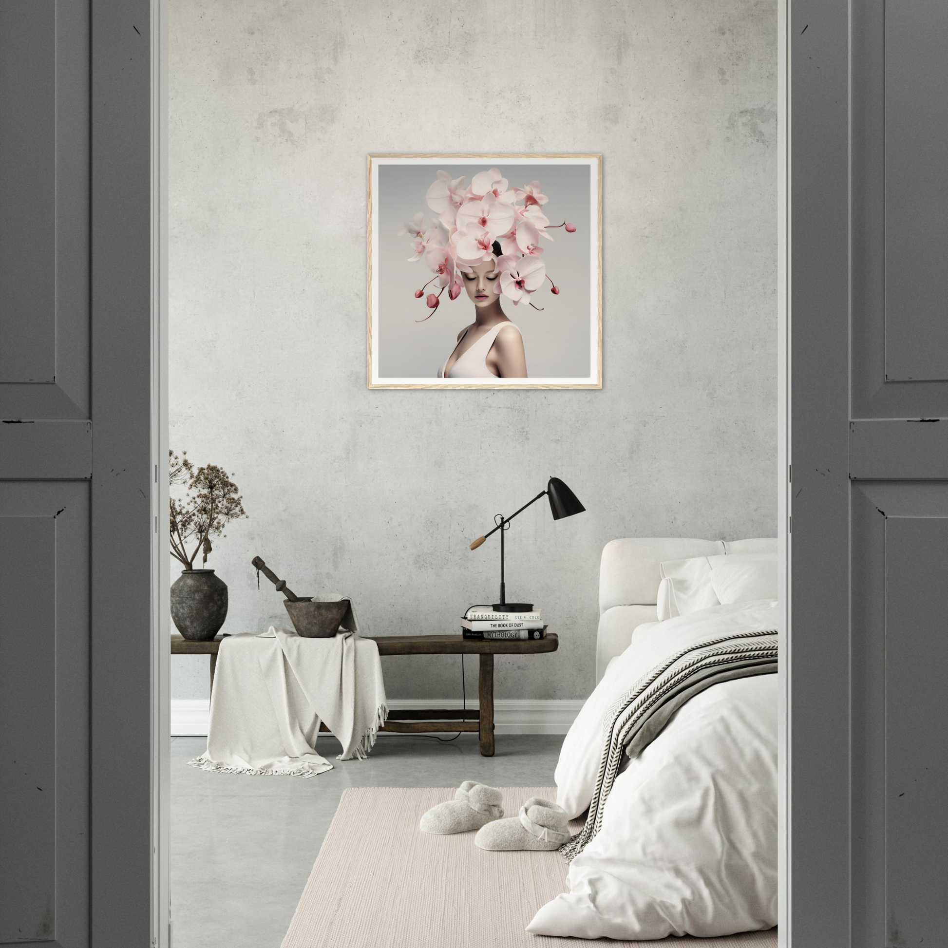 Framed artwork featuring a floral arrangement atop a silhouette.