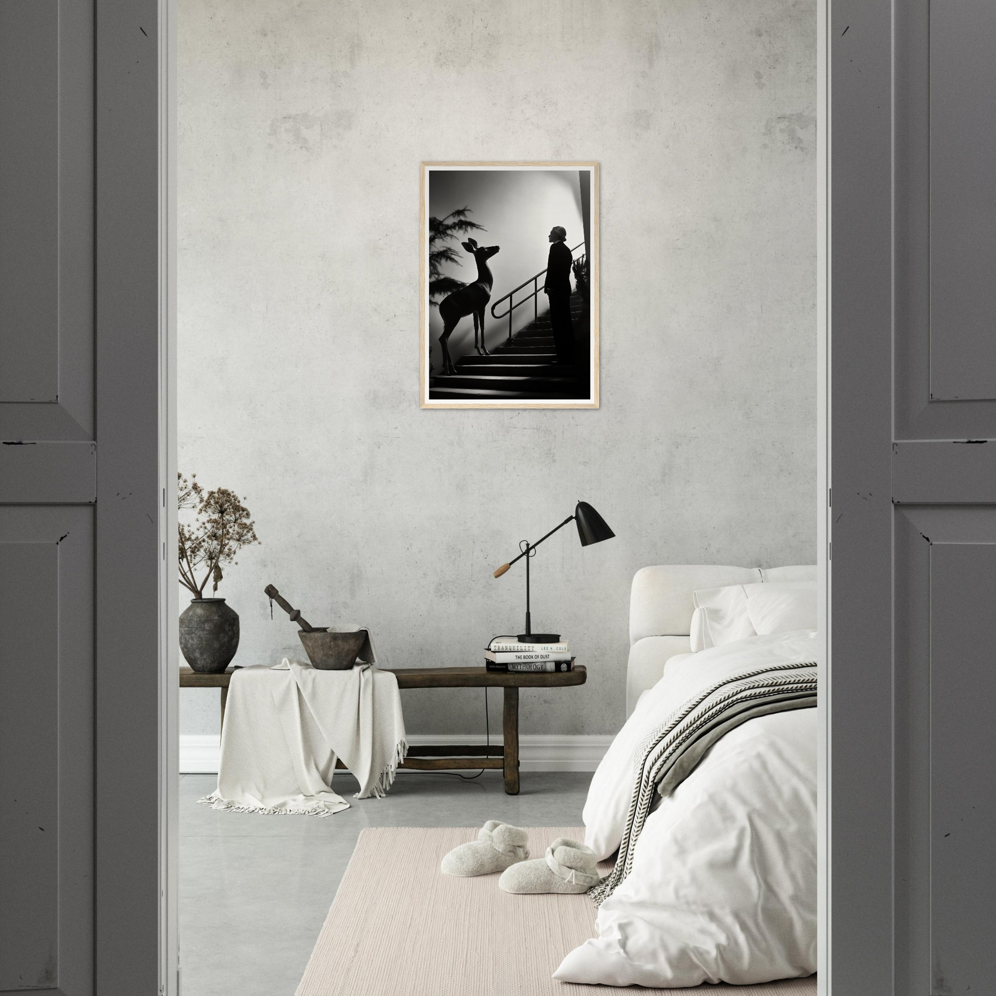 Monochromatic bedroom with minimalist decor and a striking black-and-white photograph on the wall.