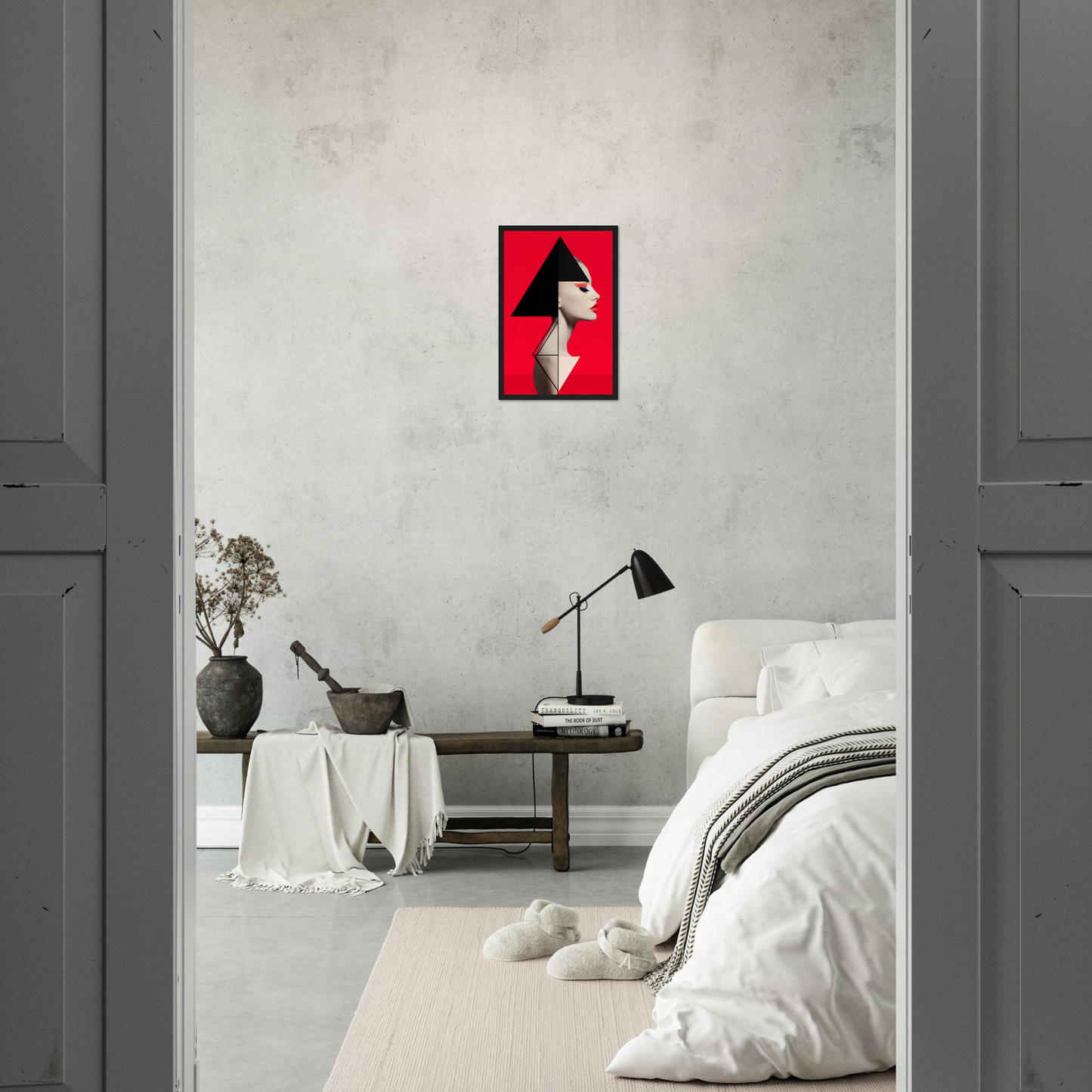 Minimalist bedroom with a striking red and black artwork on the wall.