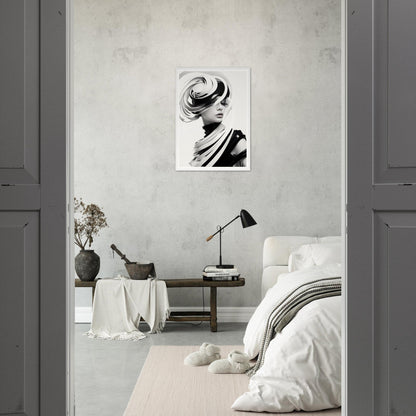 Monochrome bedroom with minimalist decor and a striking black and white portrait on the wall.