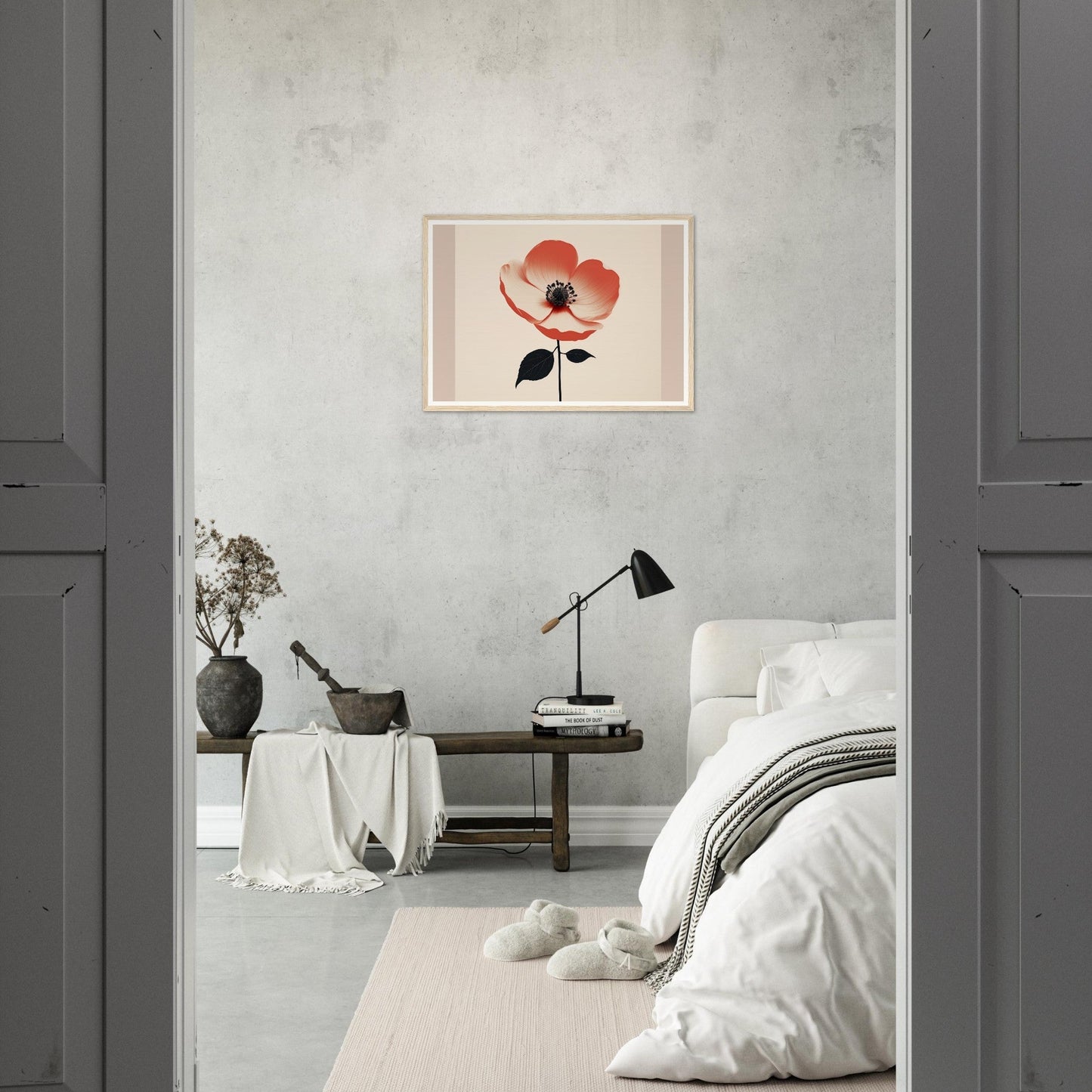 Framed artwork of a single red poppy flower.