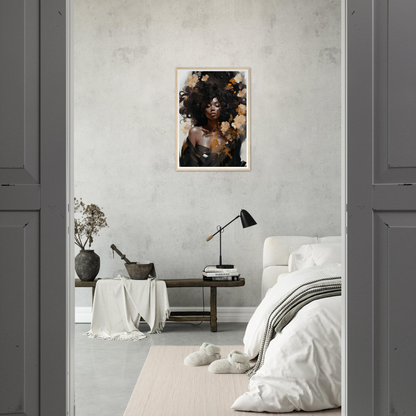 Framed portrait of a person with an afro hairstyle surrounded by flowers.