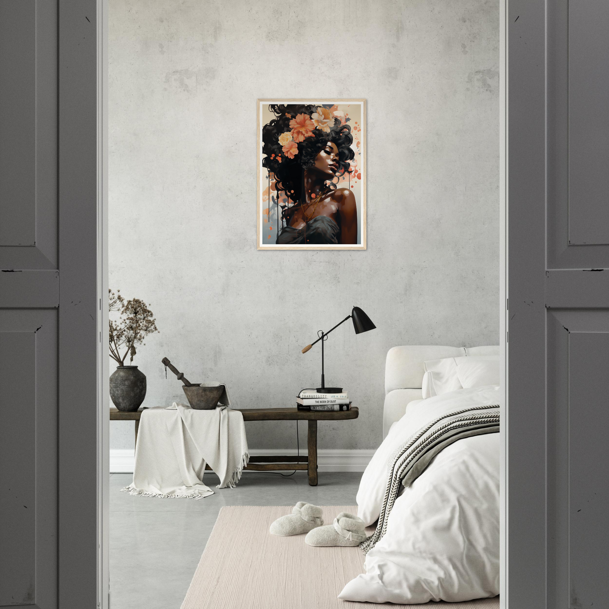 Minimalist bedroom with a striking floral portrait on the wall.