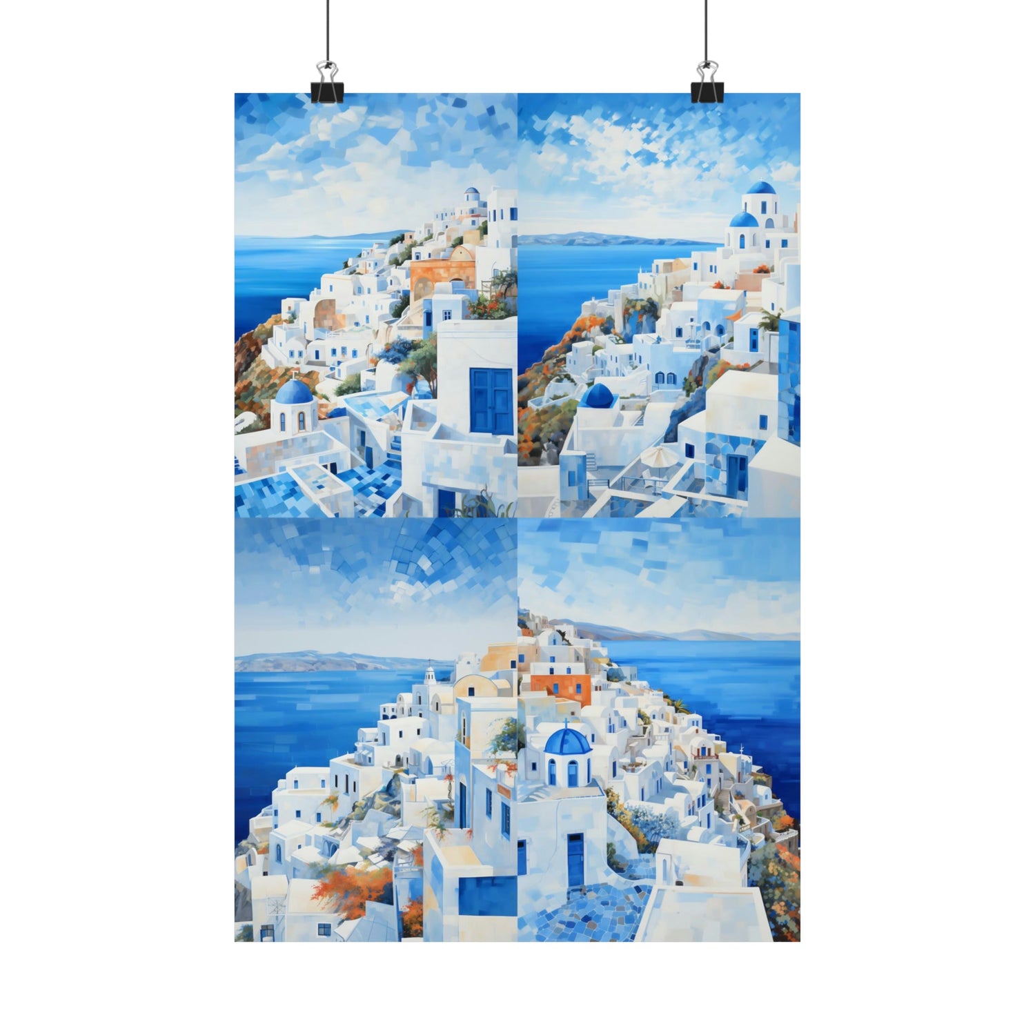 Poster featuring picturesque views of Santorini, Greece, with its iconic white buildings and blue domes.