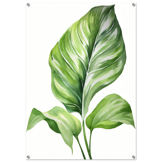 Vibrant green tropical leaf with prominent veins and a graceful curve.