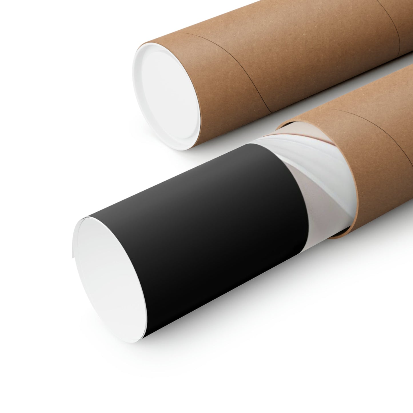 Two black and white paper tubes on a white background