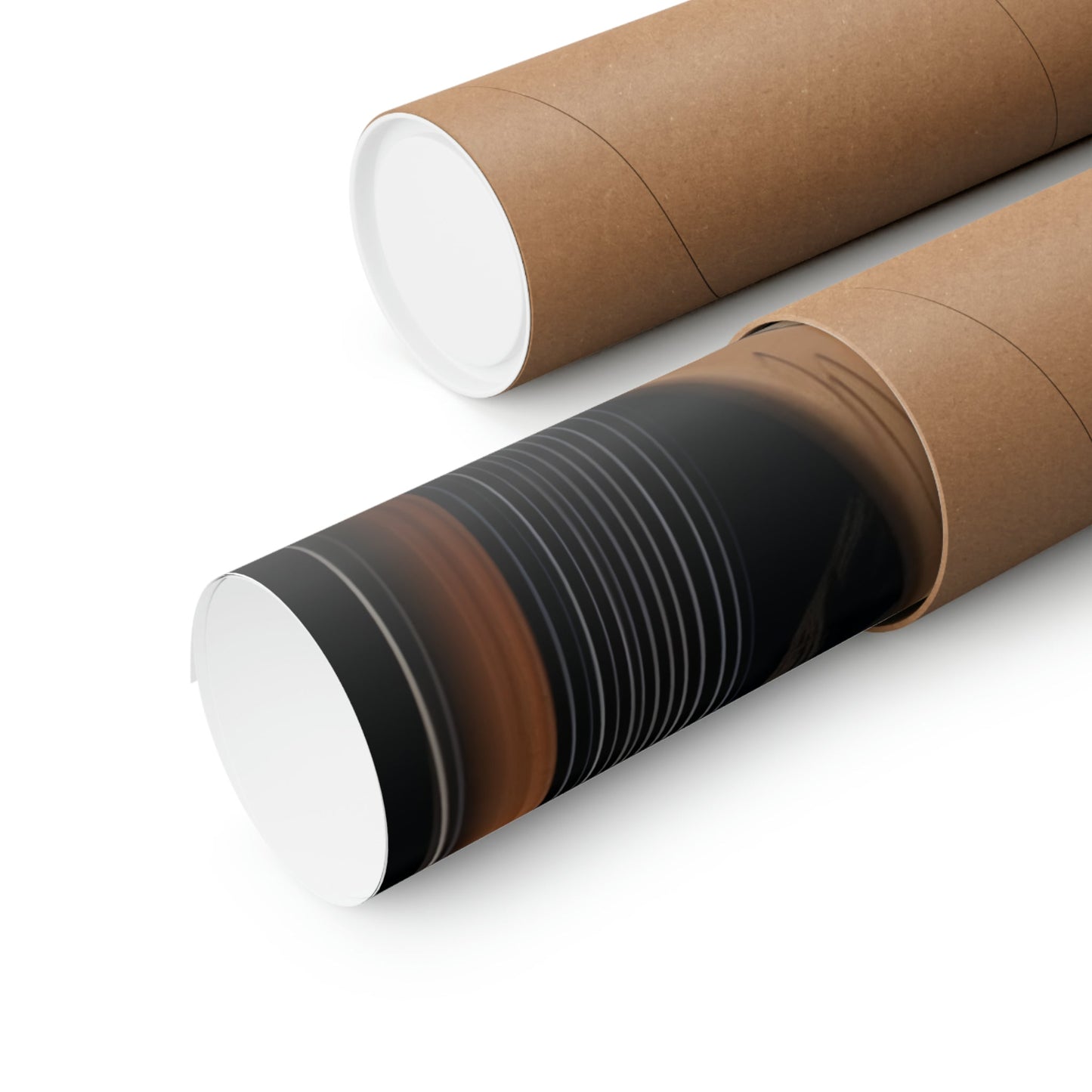 Two brown paper tubes with black and white stripes