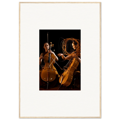 Two cellists in dramatic lighting create stunning framed wall art for room decor