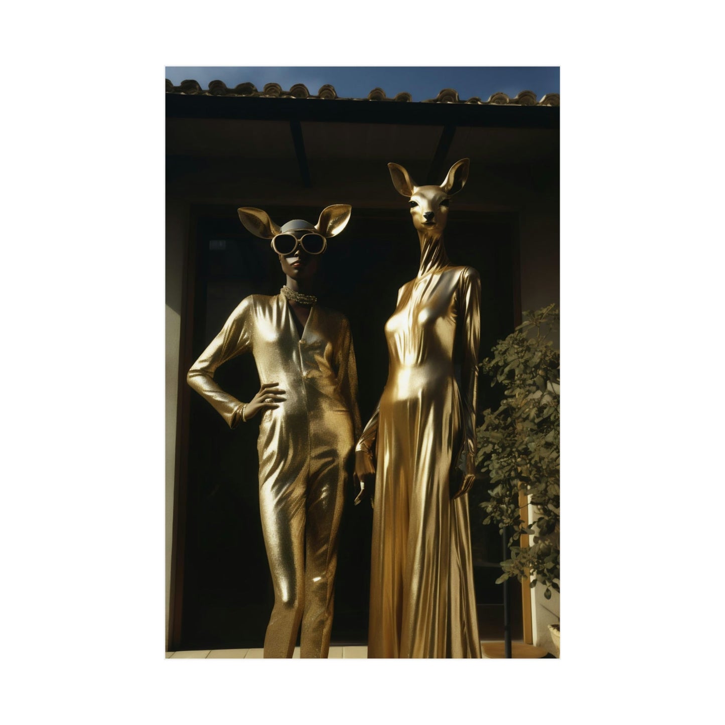 Two gold statues of women in front of a house