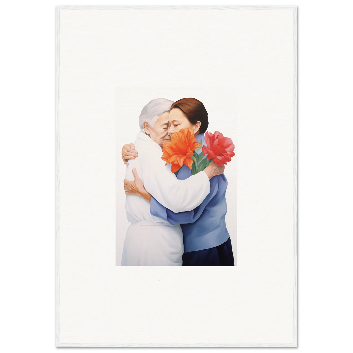 Two people embracing with orange flowers in beautiful framed wall art for room decor