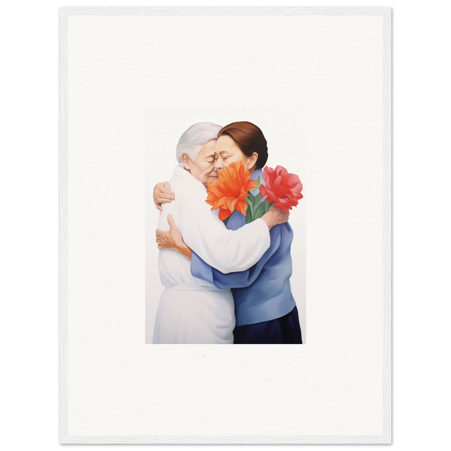 Two people embracing with orange flowers in vibrant canvas prints for room decor