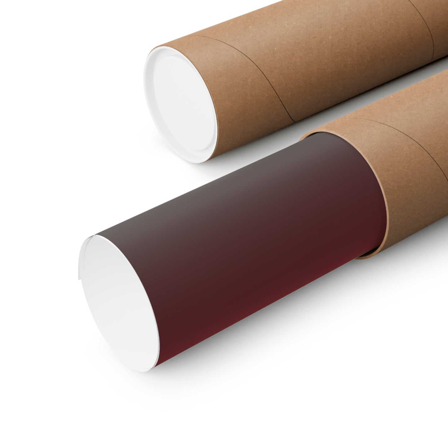 Two rolls of brown paper with white and red