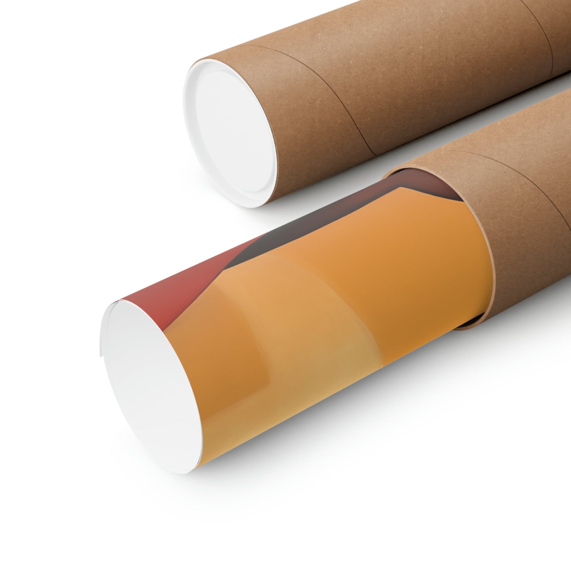 Two rolls of brown paper with a red and orange stripe