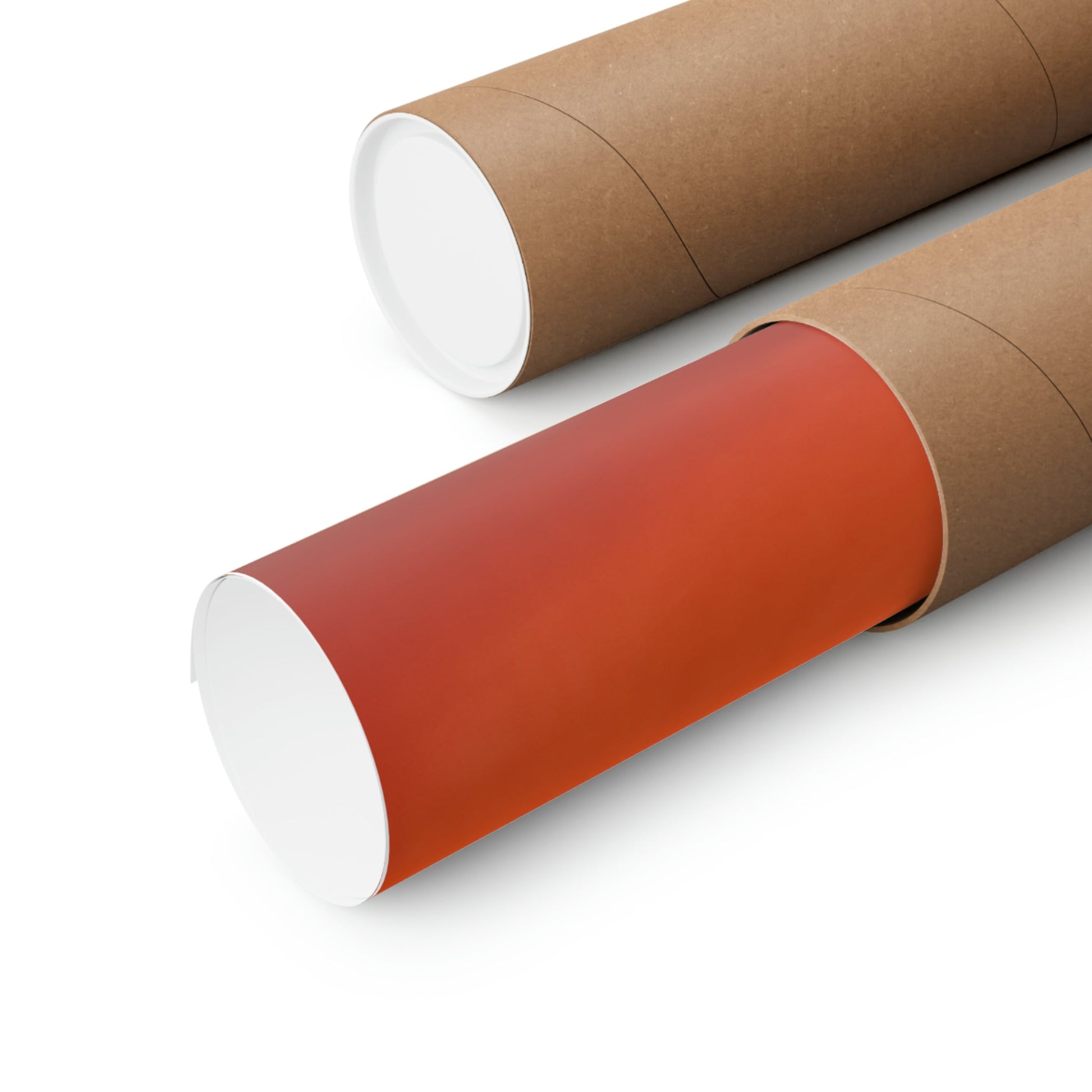 Two rolls of brown paper with red and white paper