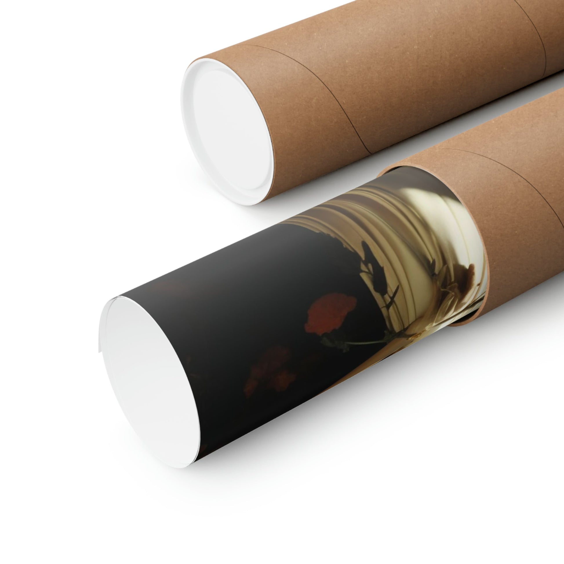 Two rolls of brown paper with a black and white photo