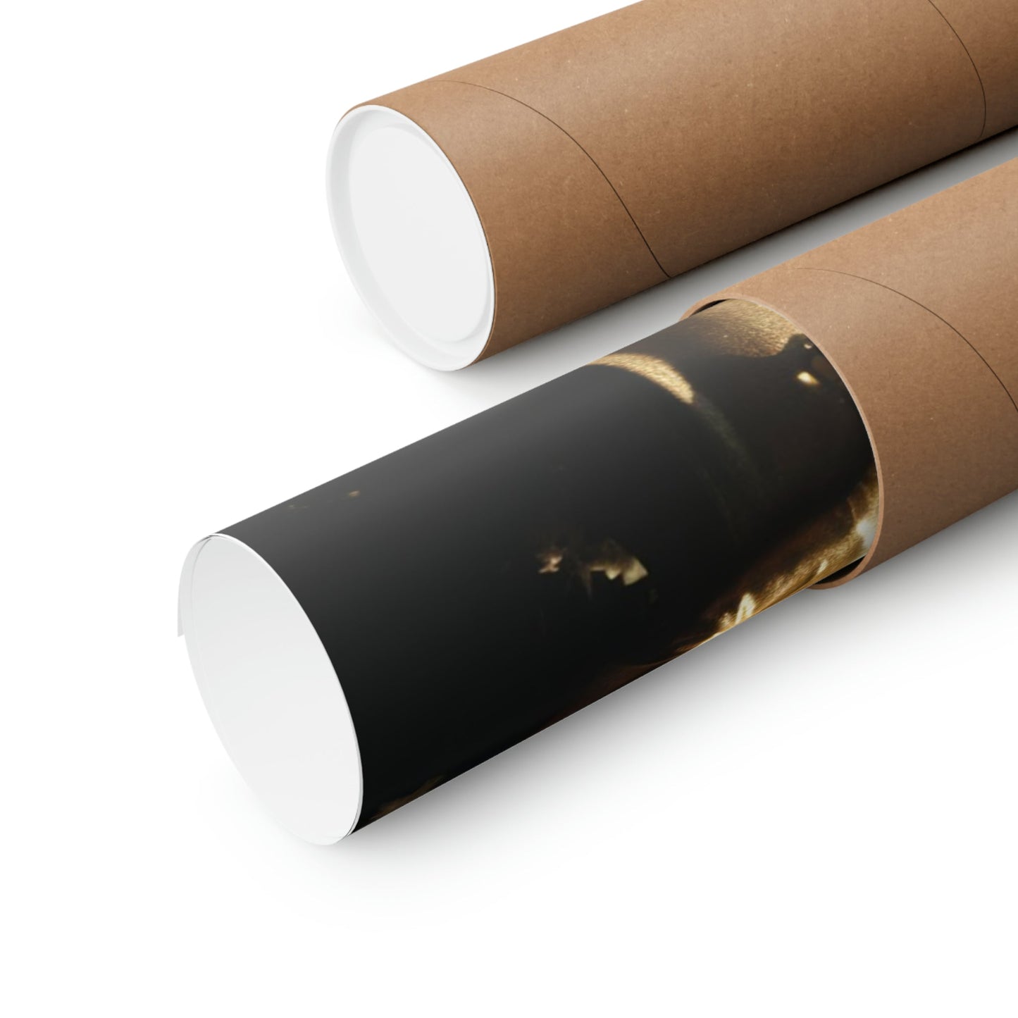 Two rolls of brown paper with a black and white image