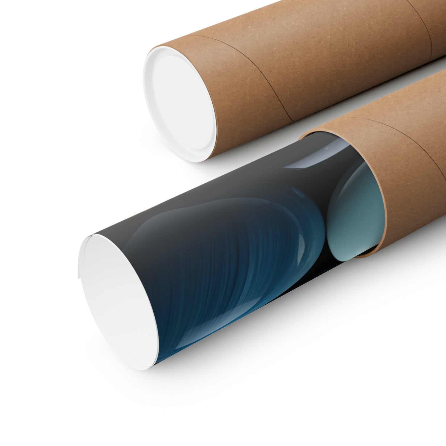 Two rolls of brown paper with blue and white ink