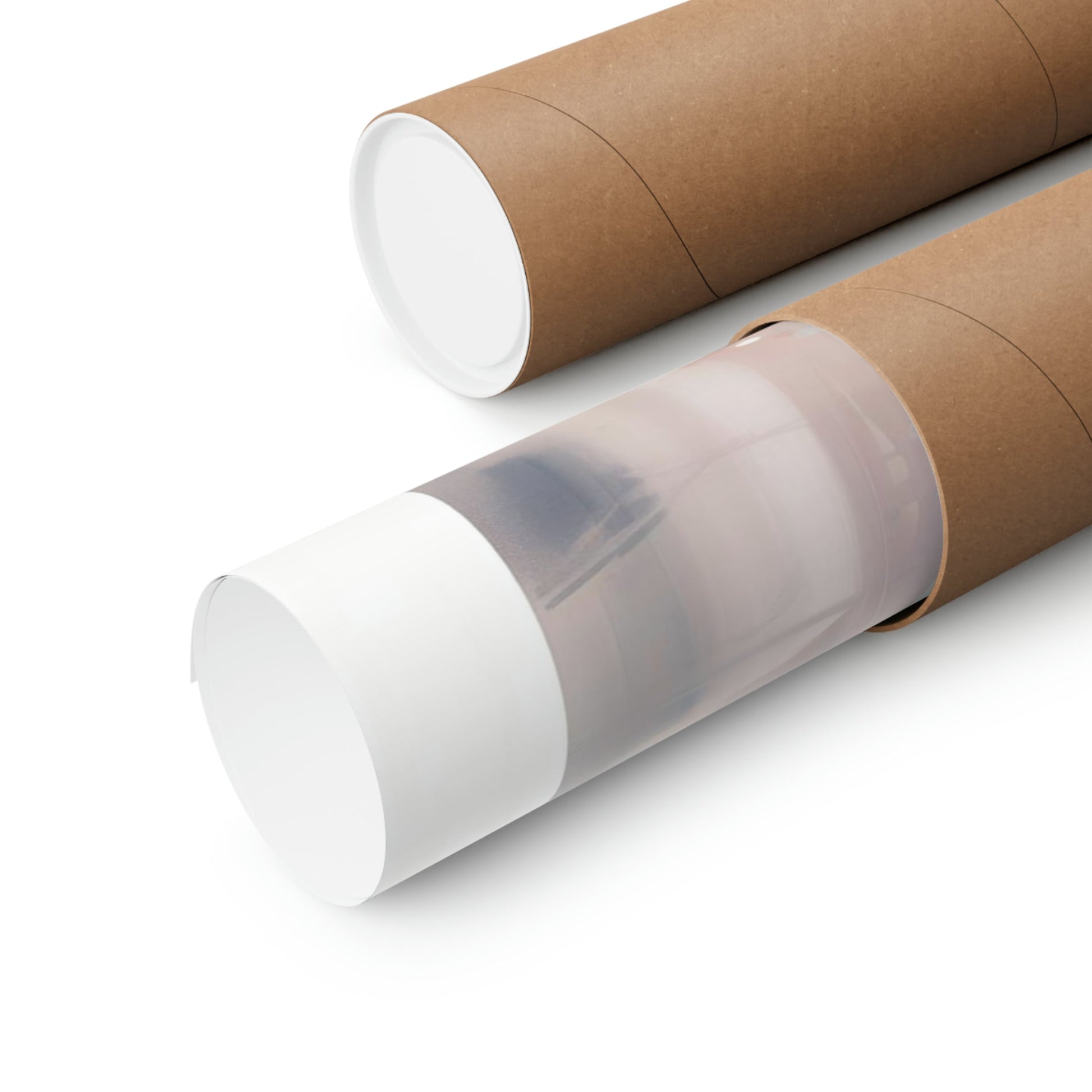 Two rolls of brown paper with white paper on them