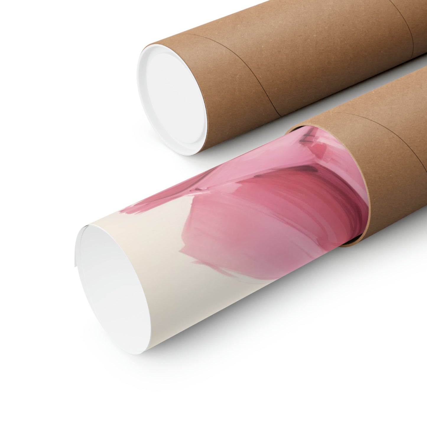 Two rolls of brown paper with pink paint on them