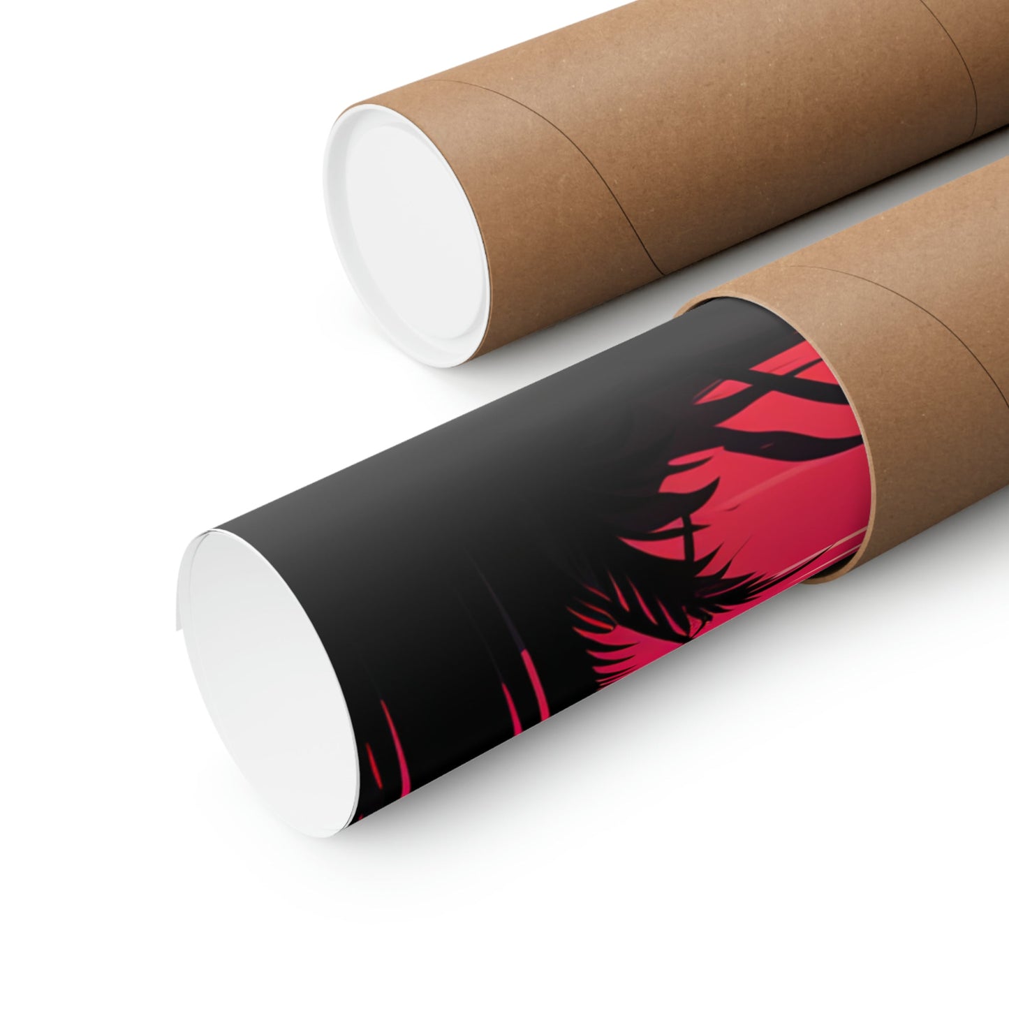 Two rolls of brown paper with red and black designs