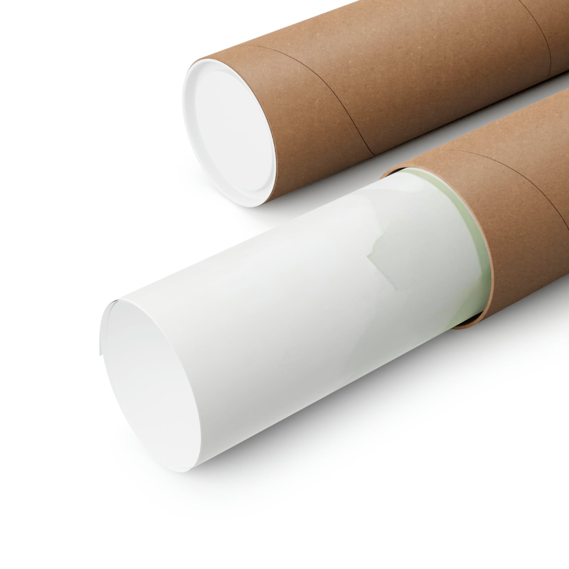 Two rolls of brown paper on white background