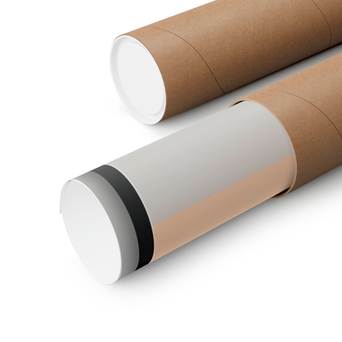 Two rolls of brown paper on a white background