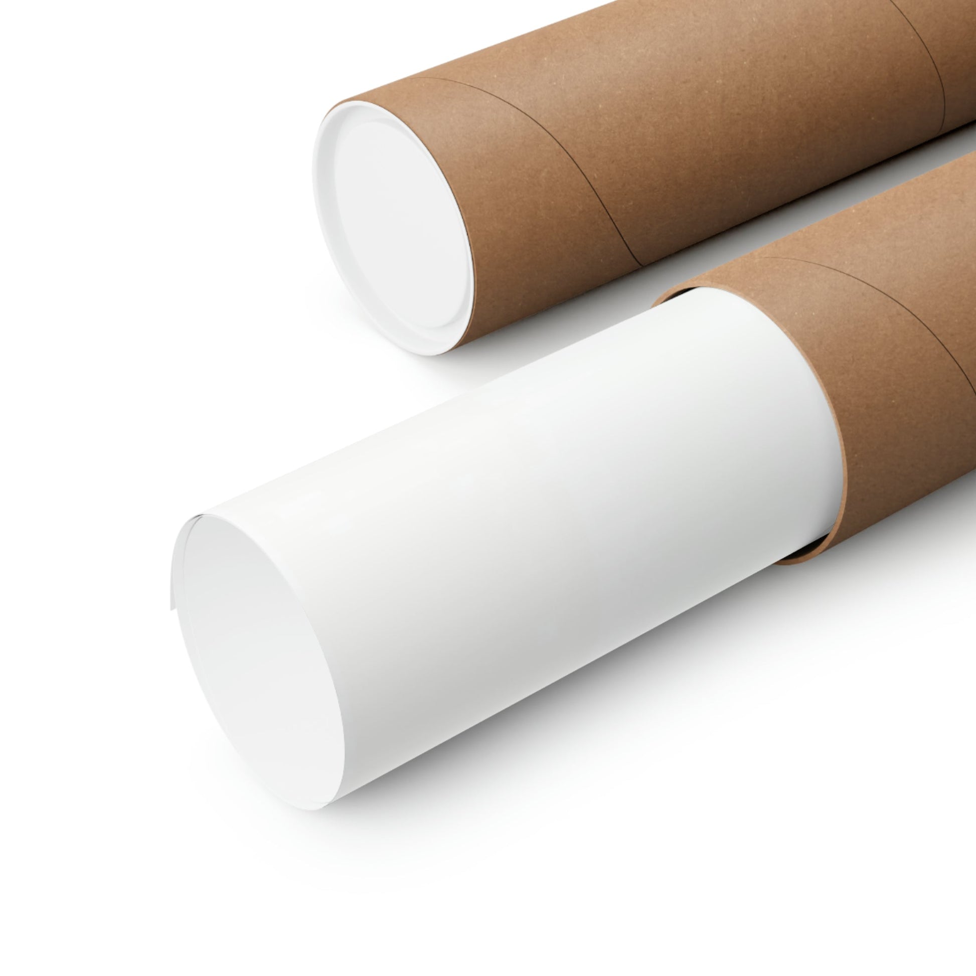 Two rolls of brown paper on white background