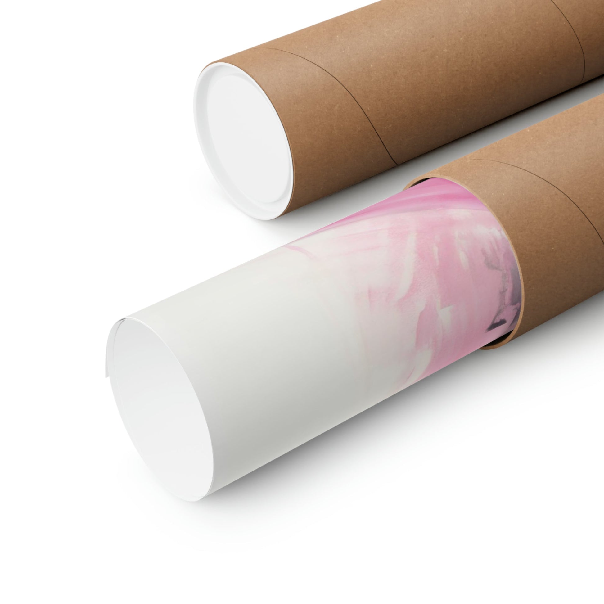 Two rolls of brown paper with pink and white swirled on them