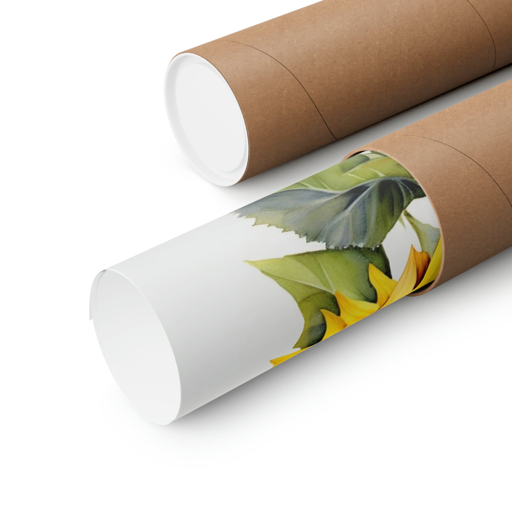 Two rolls of brown paper with a yellow flower on them