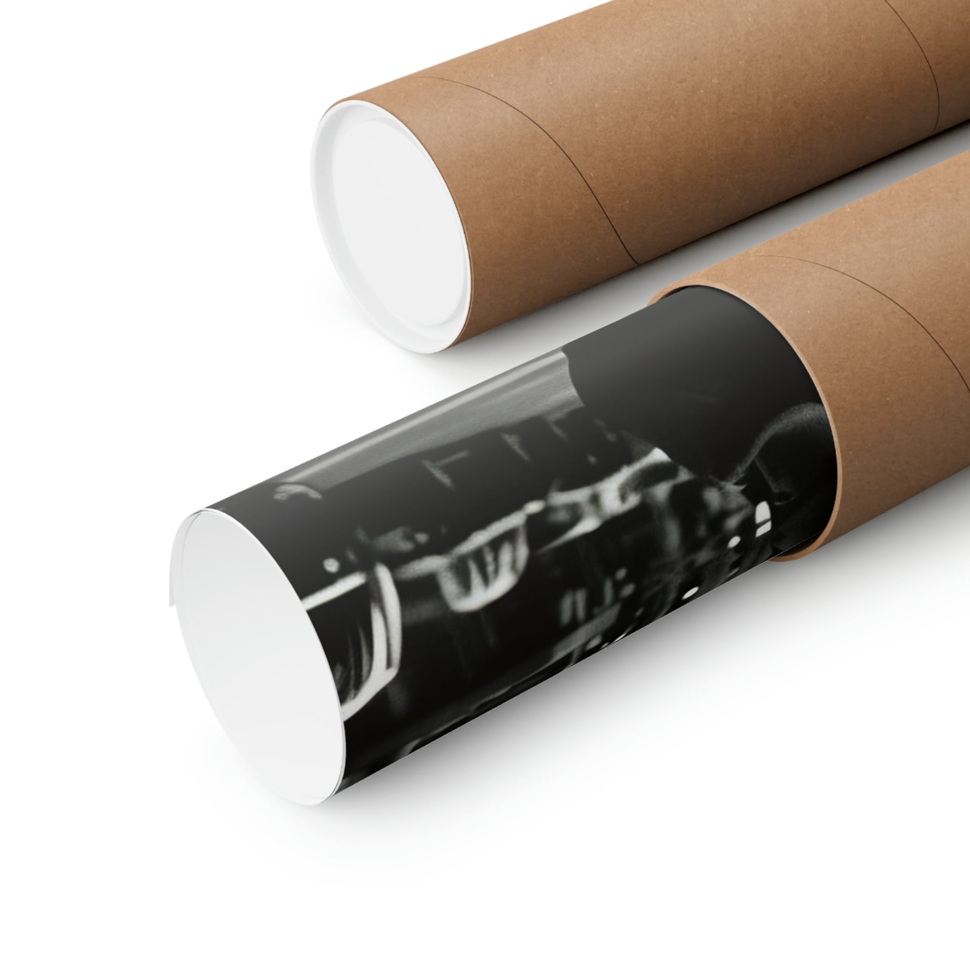 Two rolls of brown paper with a black and white photo on them