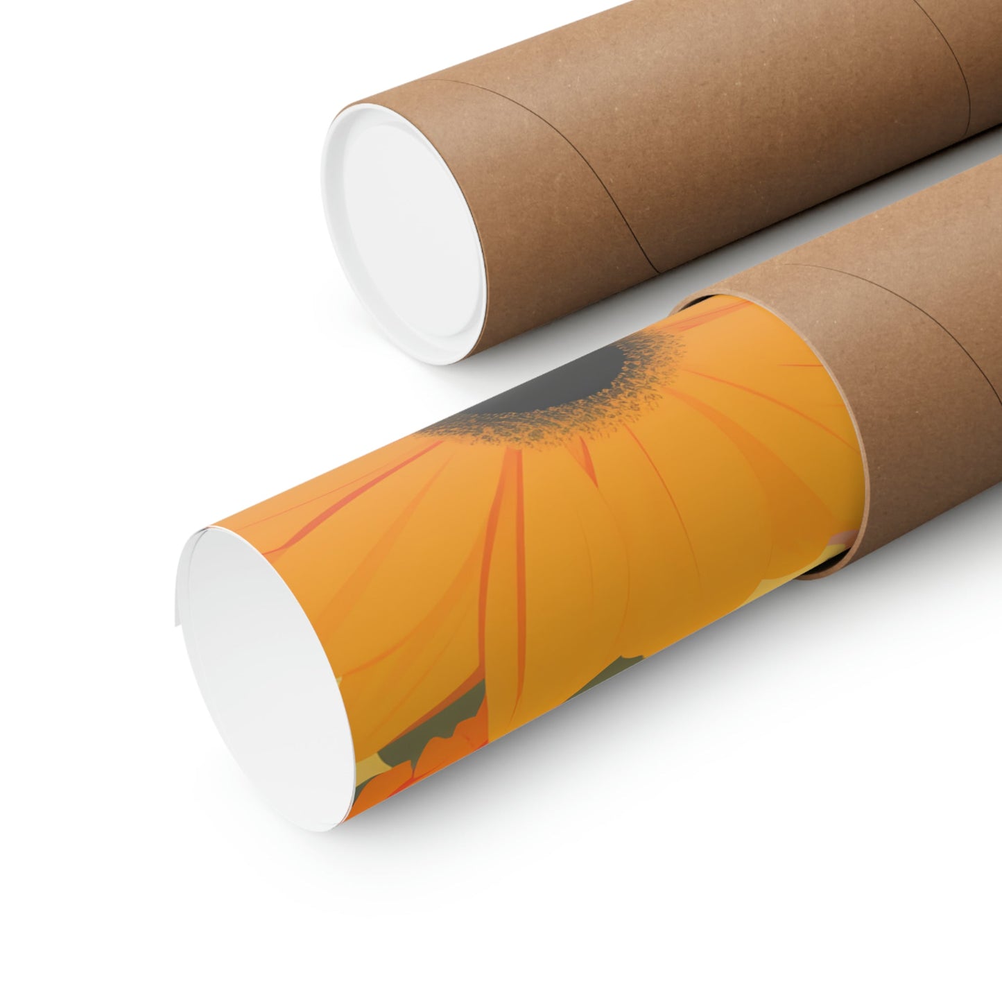 Two rolls of brown paper with a yellow flower on them