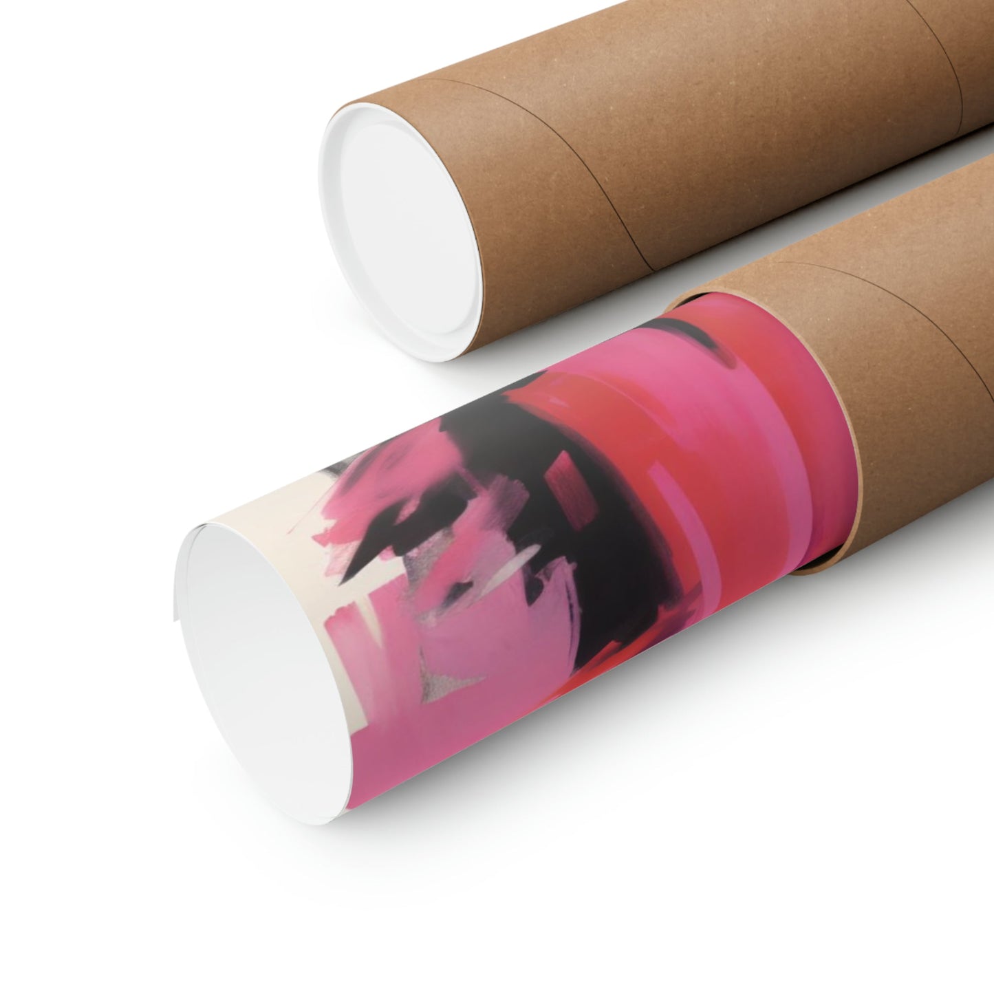 Two rolls of brown paper with pink and black designs