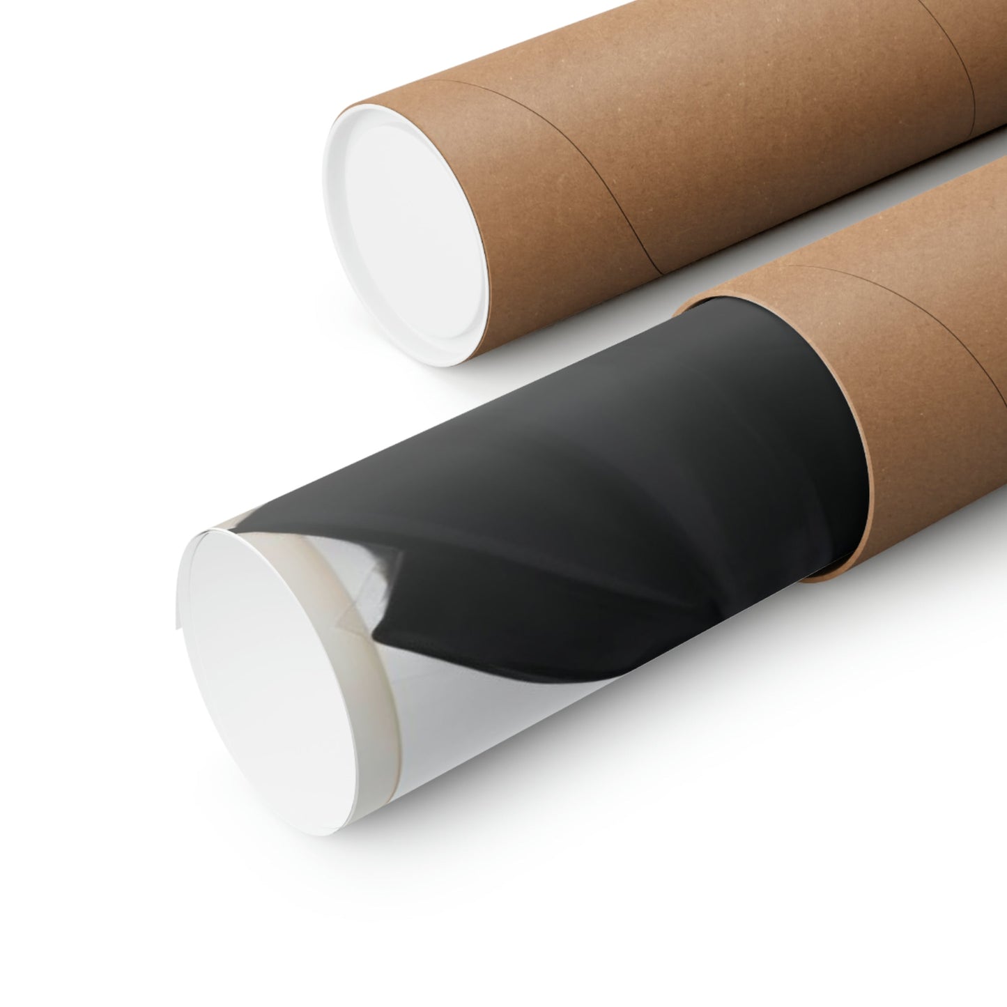 Two rolls of brown paper with black and white paper