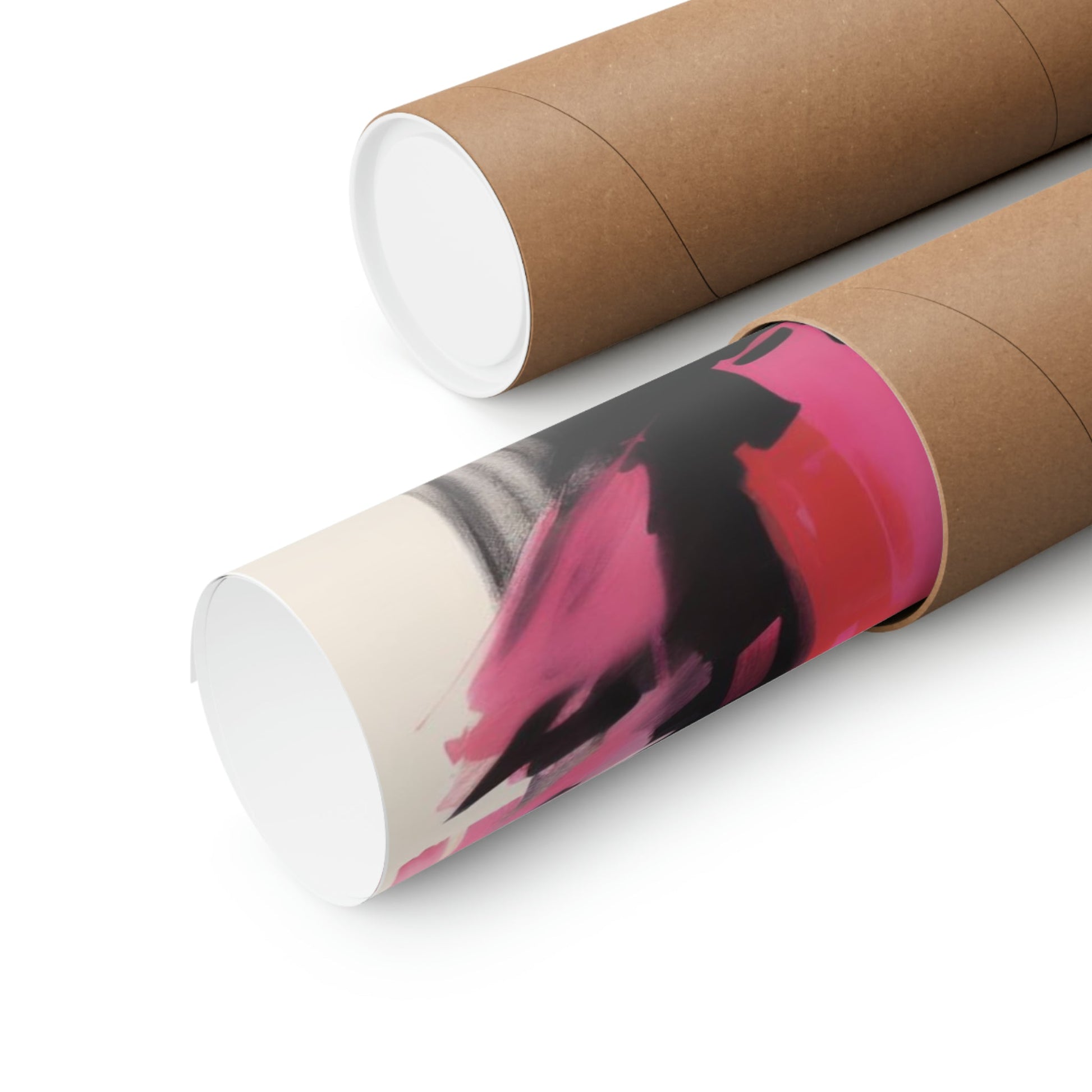 Two rolls of brown paper with pink and black designs