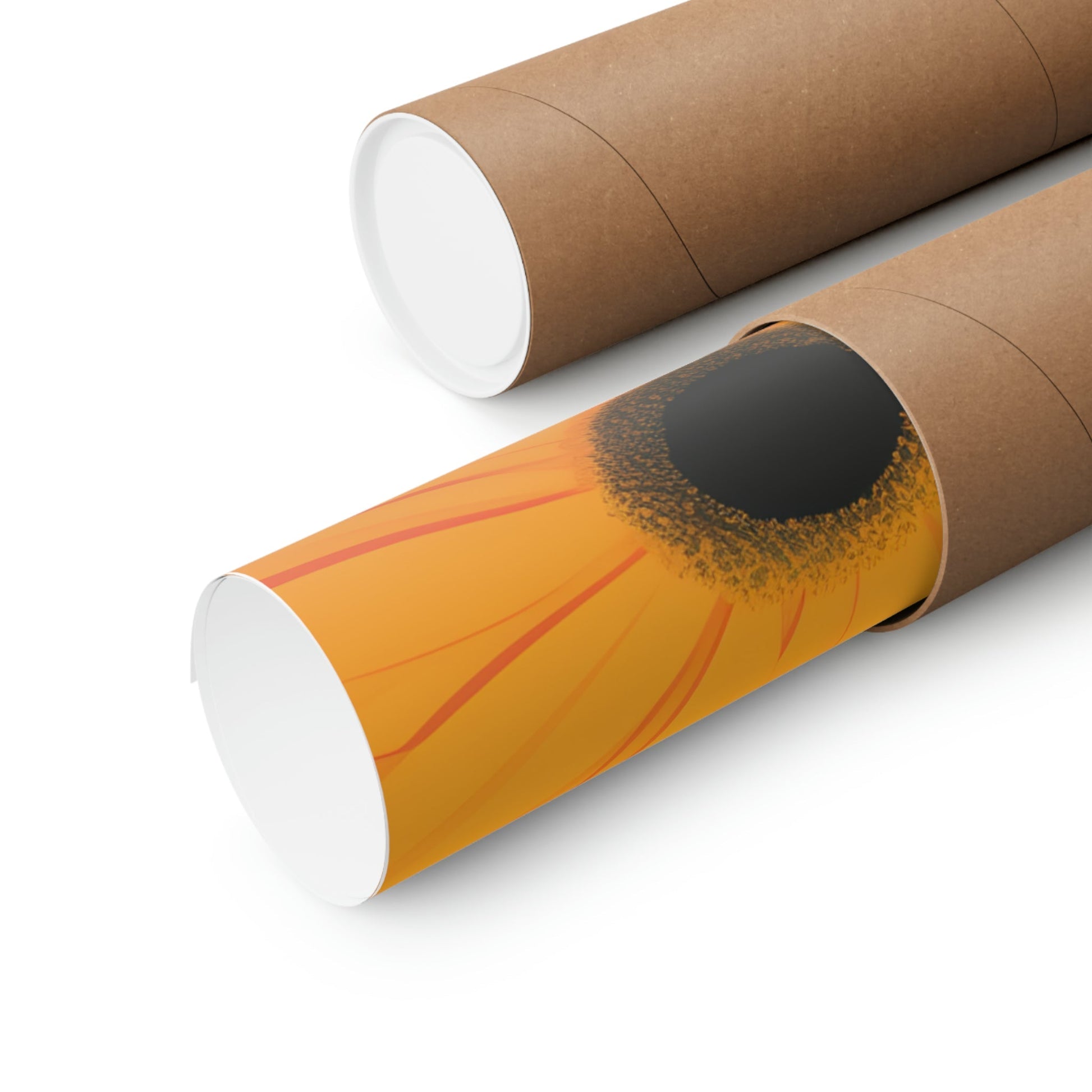 Two rolls of brown paper with a black and orange design