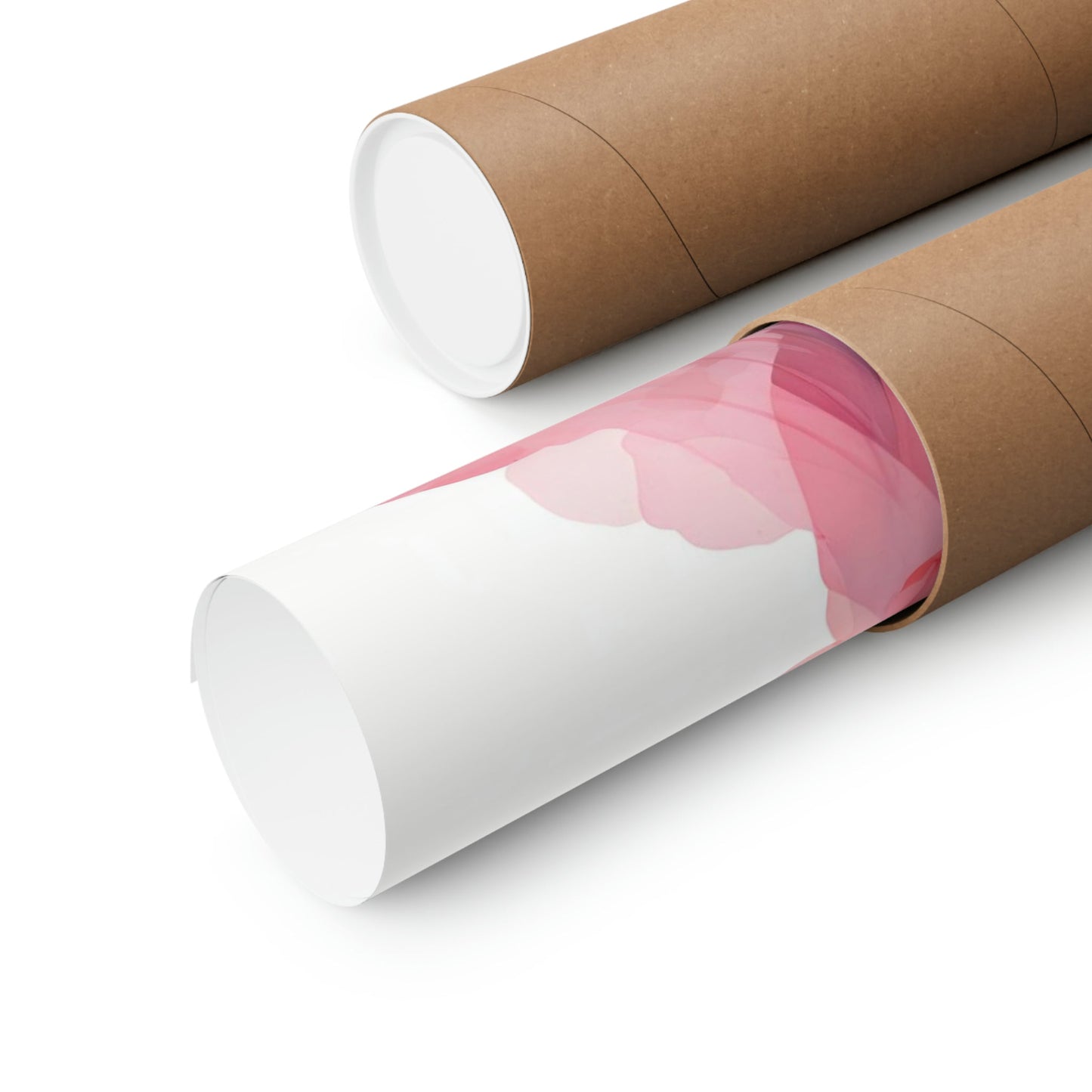 Two rolls of brown paper with pink and white designs