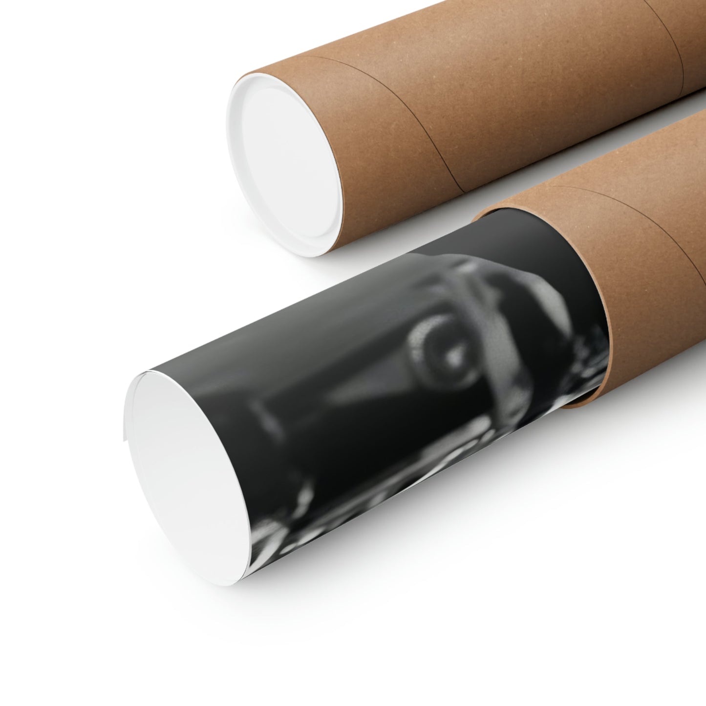 Two rolls of brown paper with black and white paper