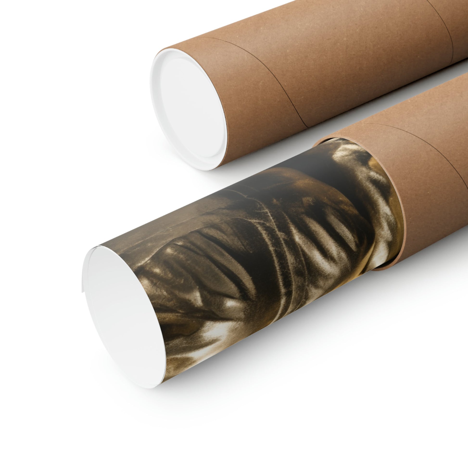 Two rolls of brown paper with a photo of a woman