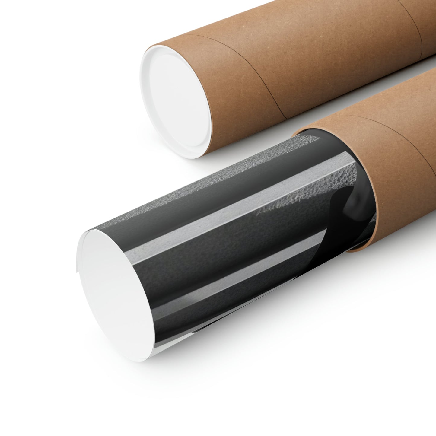 Two rolls of brown paper with black and white stripes